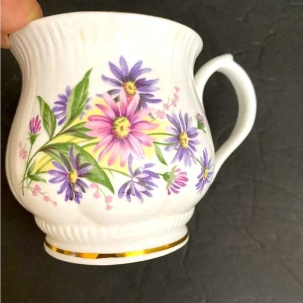 Vintage Fine Bone China Monthly Flower Mug September Purple Daisies Gold trim